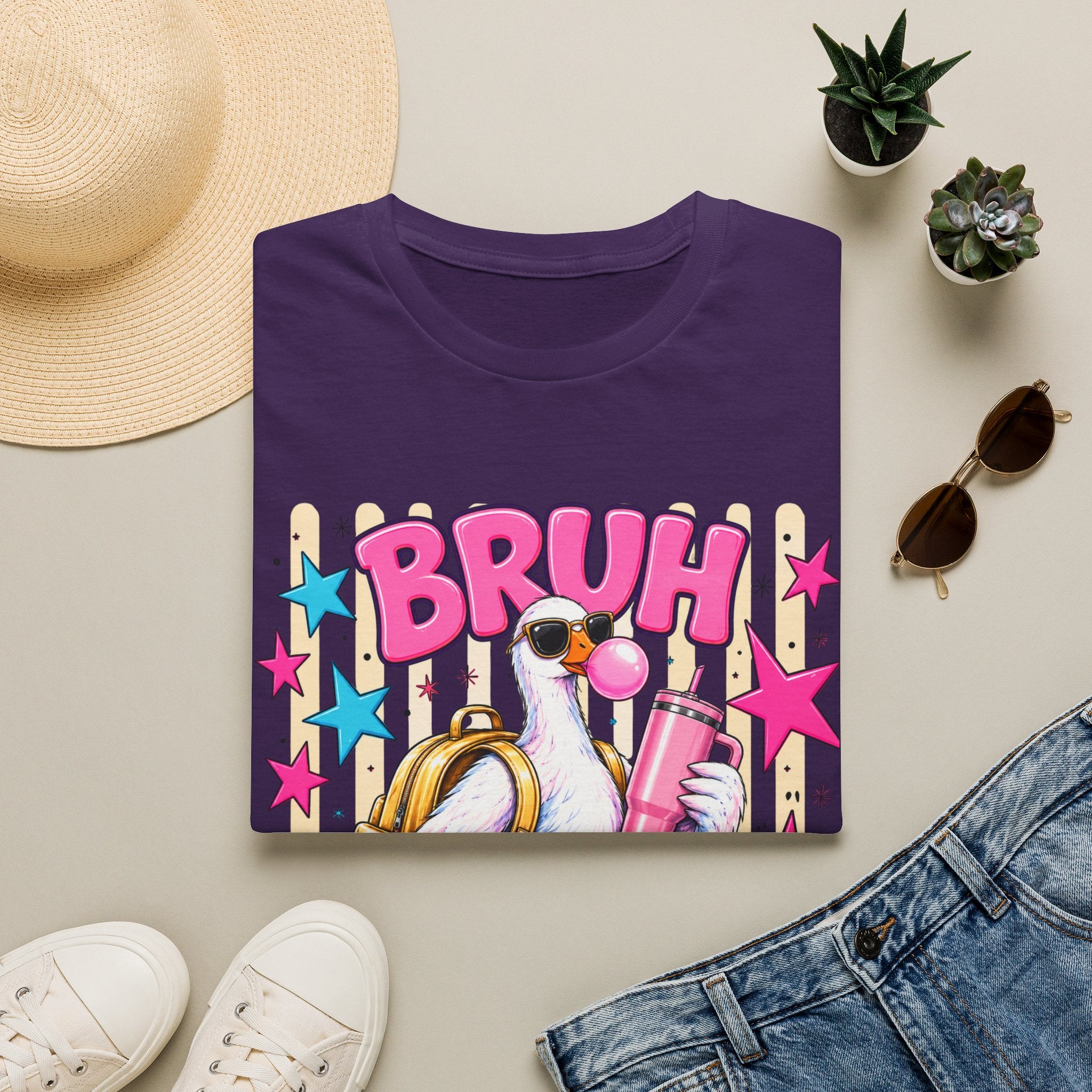 Bruh We Back! Graphic T-Shirt — Retro Flamingo with Bubblegum & Stars