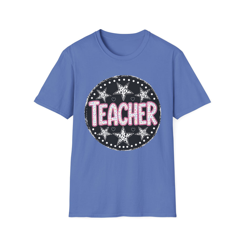 Teacher Starburst T‑Shirt — Cute Pink Marquee Text Tee for Educators