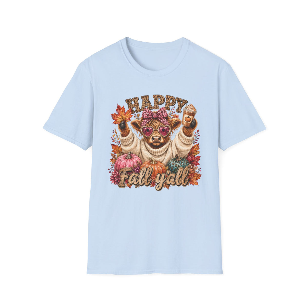 Happy Fall Y'all T-Shirt — Cute Cow in Sweater with Coffee & Leaves