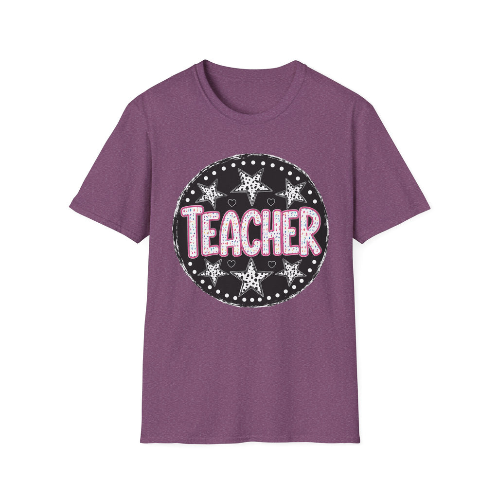 Teacher Starburst T‑Shirt — Cute Pink Marquee Text Tee for Educators
