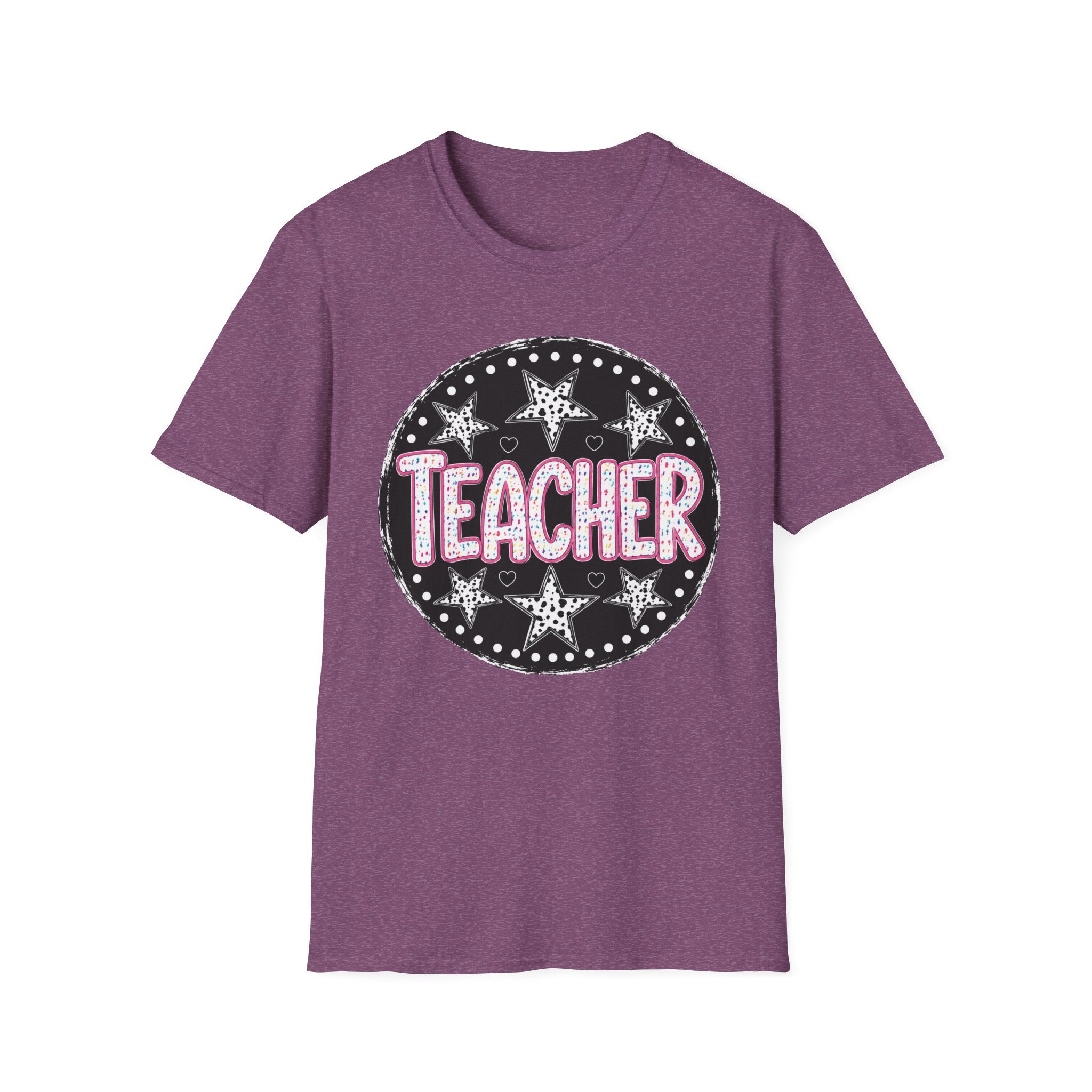 Teacher Starburst T‑Shirt — Cute Pink Marquee Text Tee for Educators