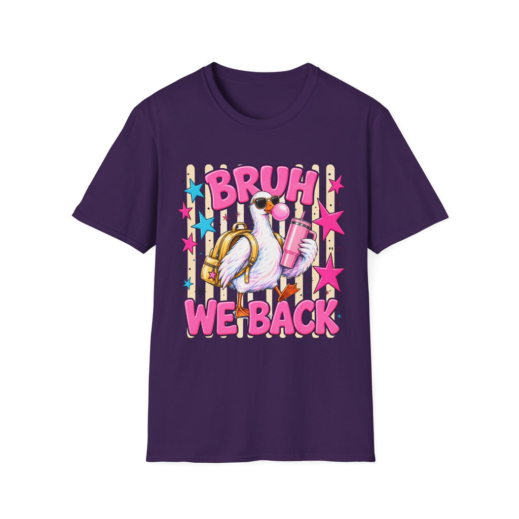 Bruh We Back! Graphic T-Shirt — Retro Flamingo with Bubblegum & Stars