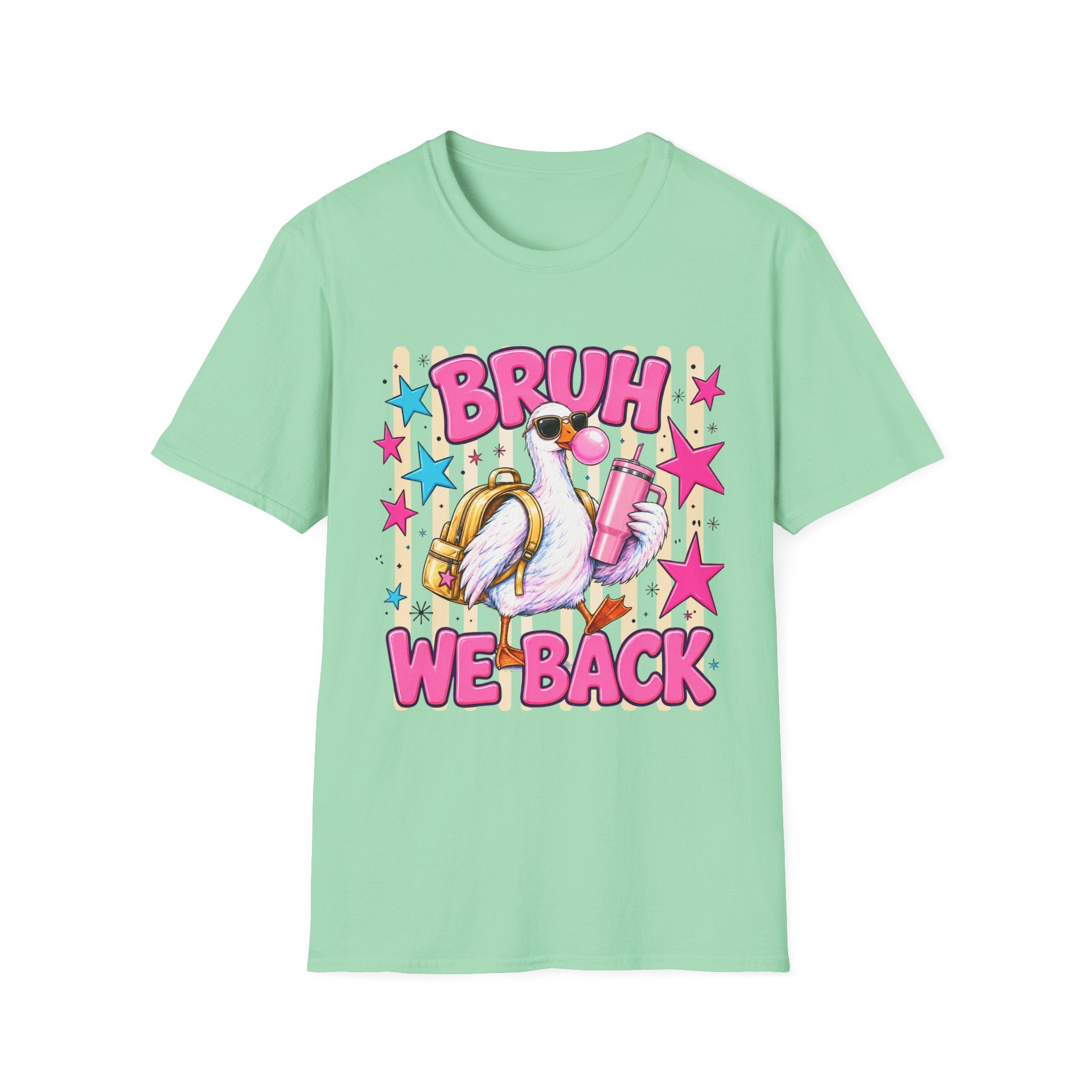 Bruh We Back! Graphic T-Shirt — Retro Flamingo with Bubblegum & Stars
