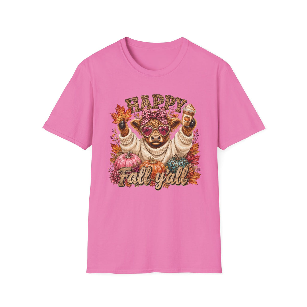 Happy Fall Y'all T-Shirt — Cute Cow in Sweater with Coffee & Leaves
