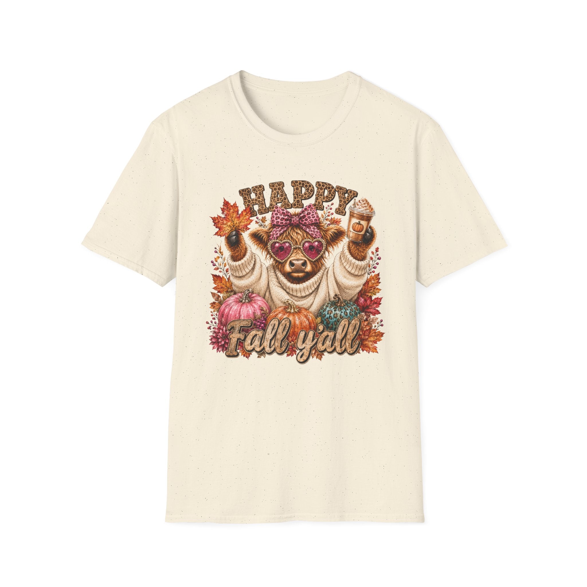 Happy Fall Y'all T-Shirt — Cute Cow in Sweater with Coffee & Leaves