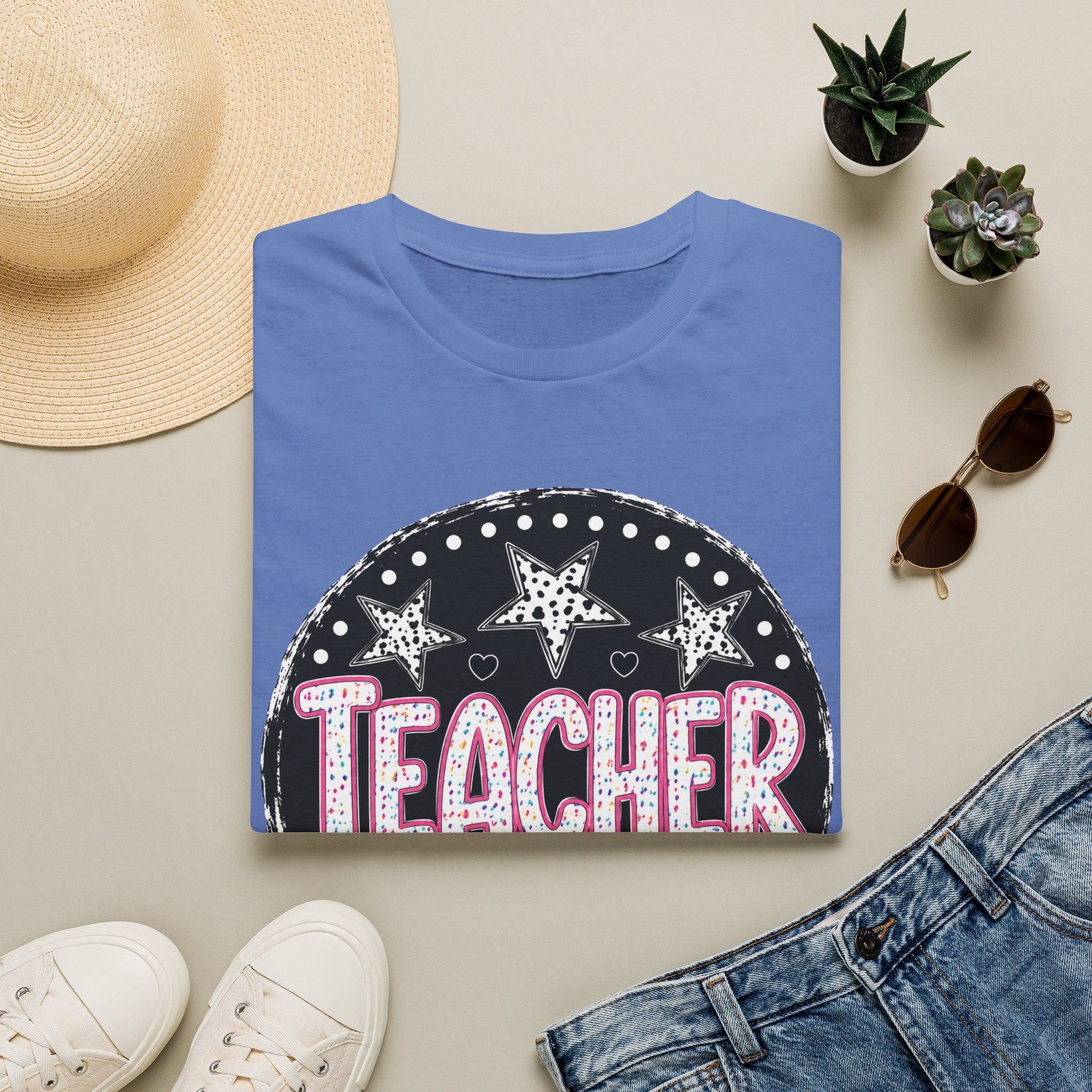 Teacher Starburst T‑Shirt — Cute Pink Marquee Text Tee for Educators
