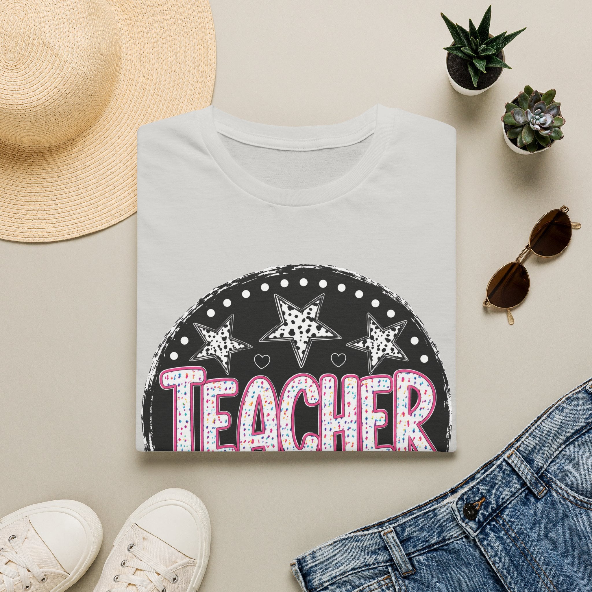 Teacher Starburst T‑Shirt — Cute Pink Marquee Text Tee for Educators