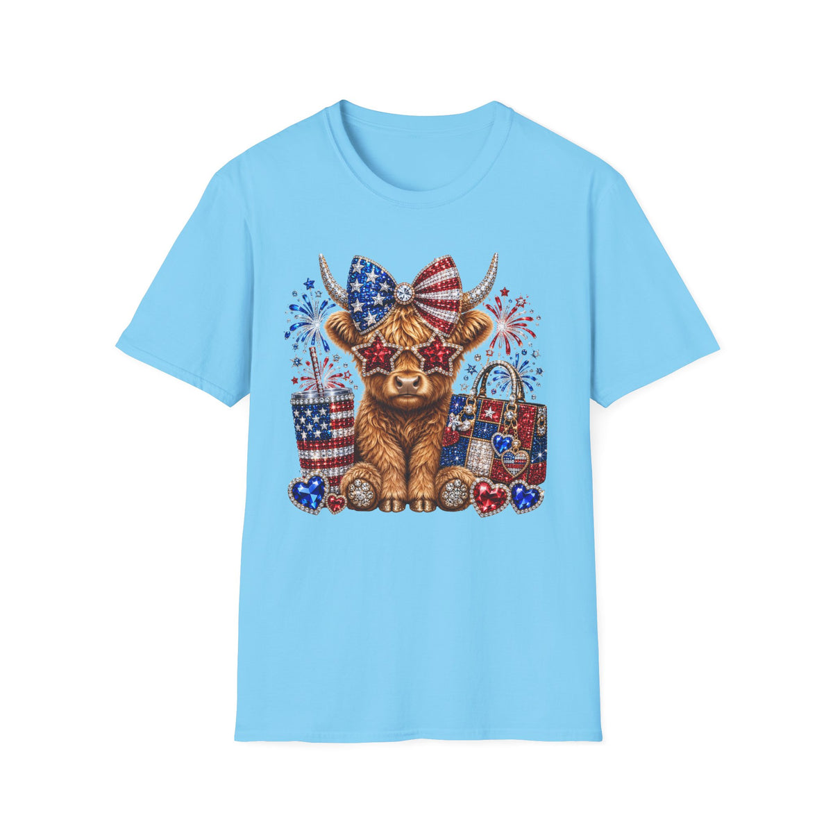 Patriotic Highland Cow T‑Shirt — USA Flag Bow, Fireworks & Stars (4th of July)