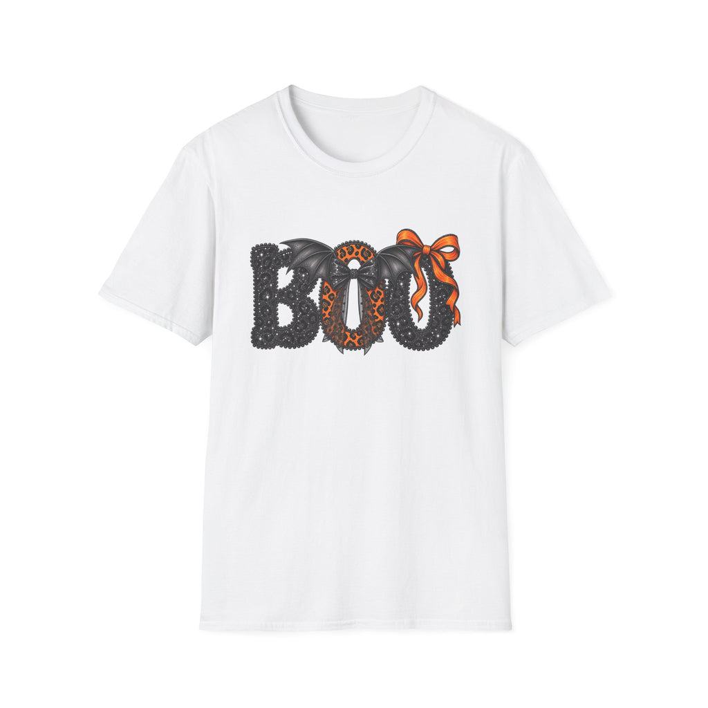 Boo Halloween T-Shirt — Leopard Bat Bow "BOO" Graphic Tee