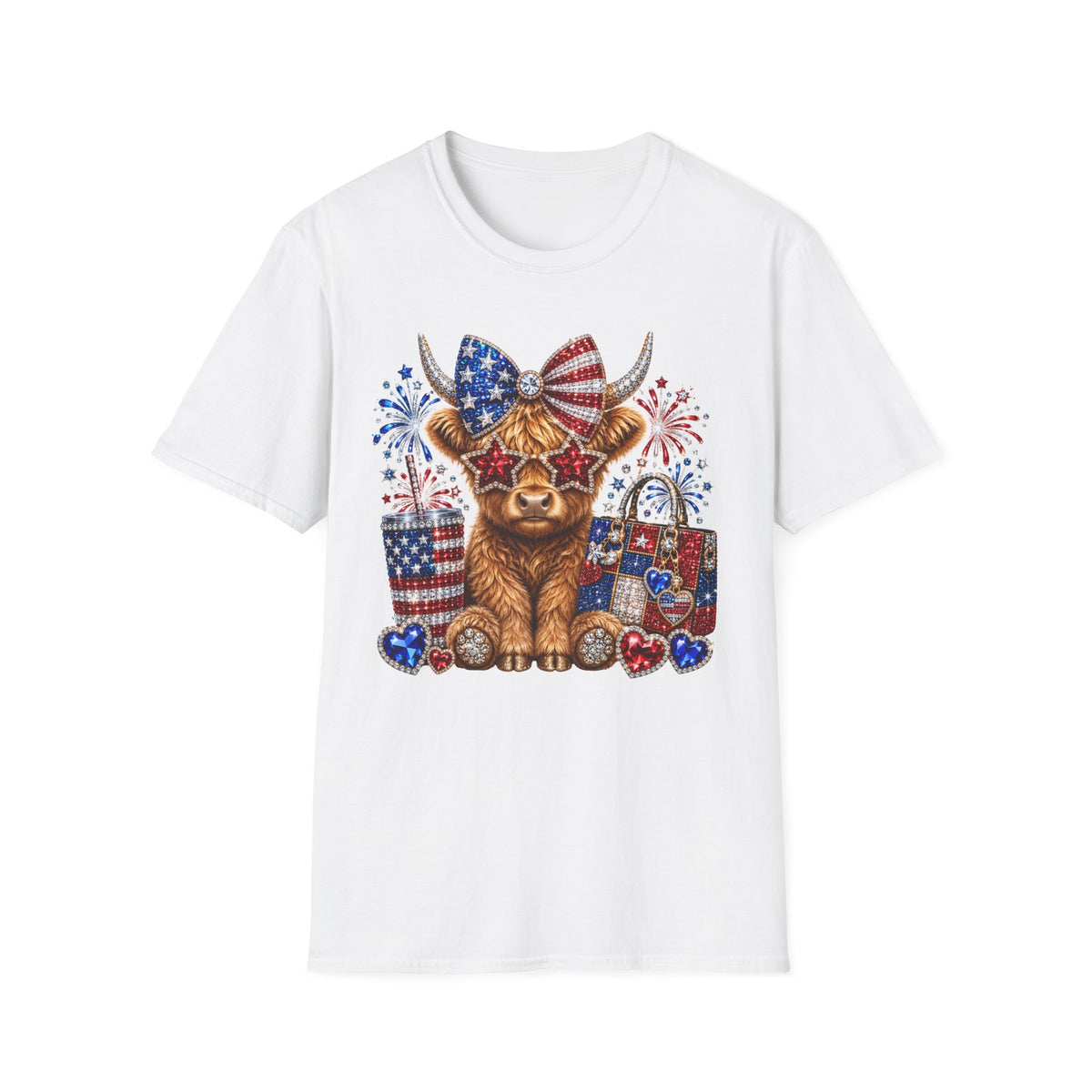 Patriotic Highland Cow T‑Shirt — USA Flag Bow, Fireworks & Stars (4th of July)