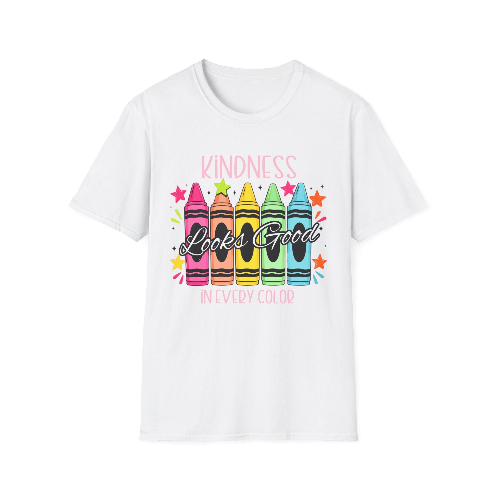 Kindness Looks Good T-Shirt — Colorful Crayon Graphic Tee for Teachers & Kids