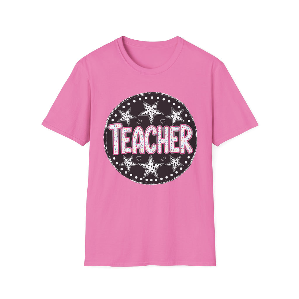 Teacher Starburst T‑Shirt — Cute Pink Marquee Text Tee for Educators
