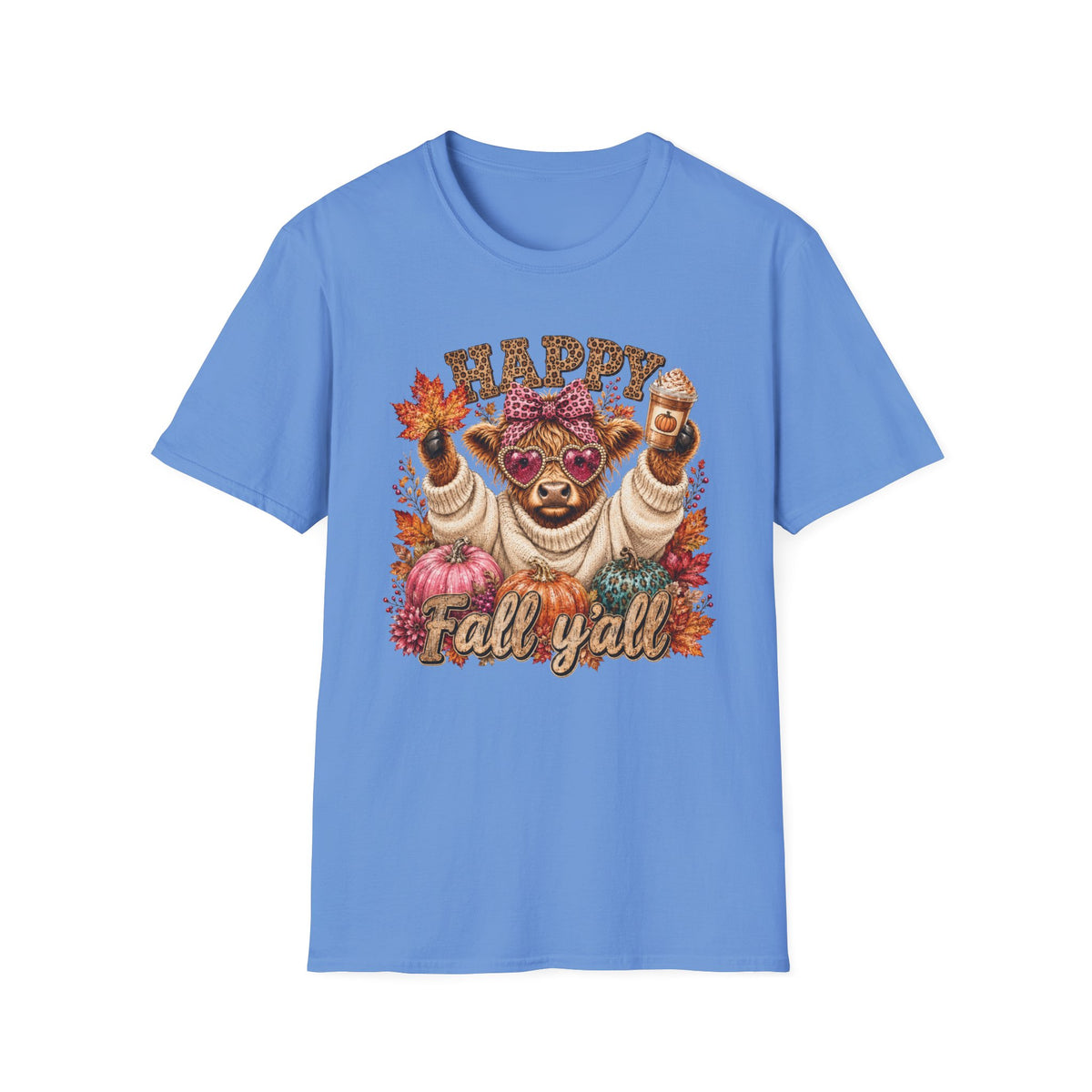Happy Fall Y'all T-Shirt — Cute Cow in Sweater Autumn Tee