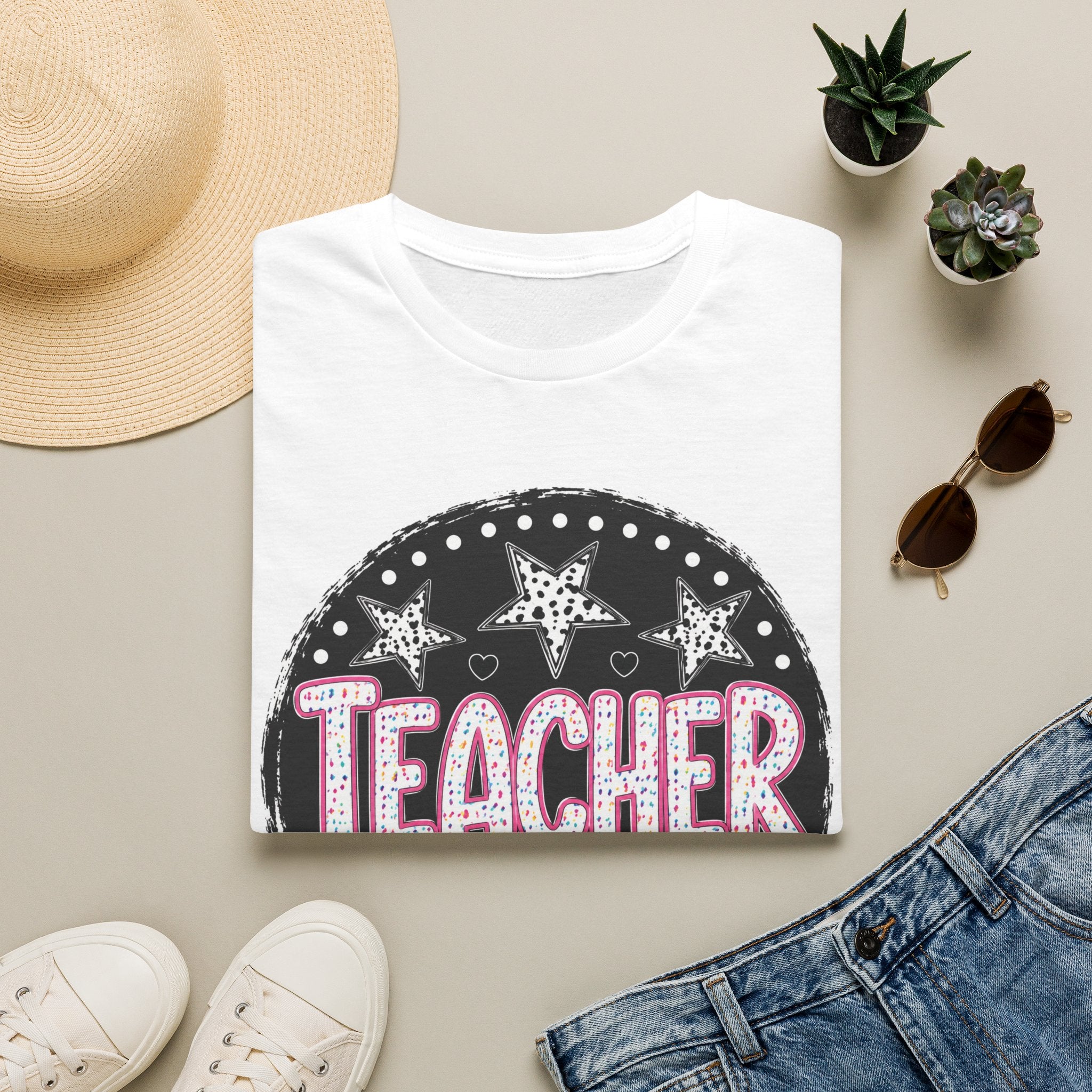 Teacher Starburst T‑Shirt — Cute Pink Marquee Text Tee for Educators