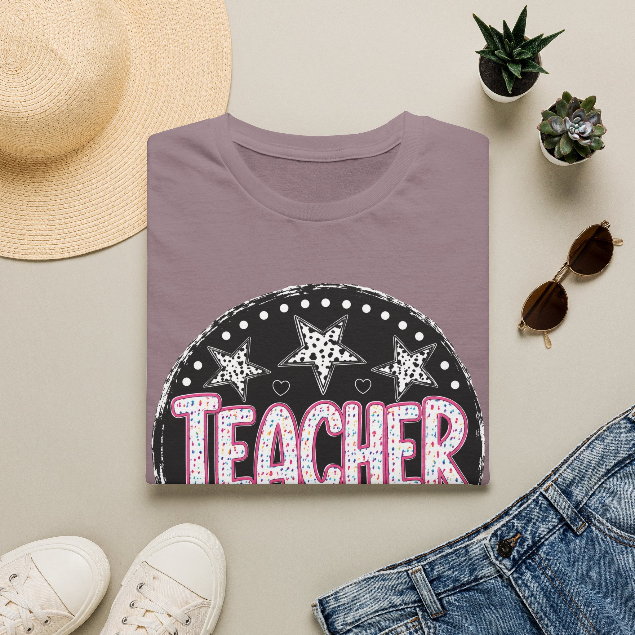 Teacher Starburst T‑Shirt — Cute Pink Marquee Text Tee for Educators