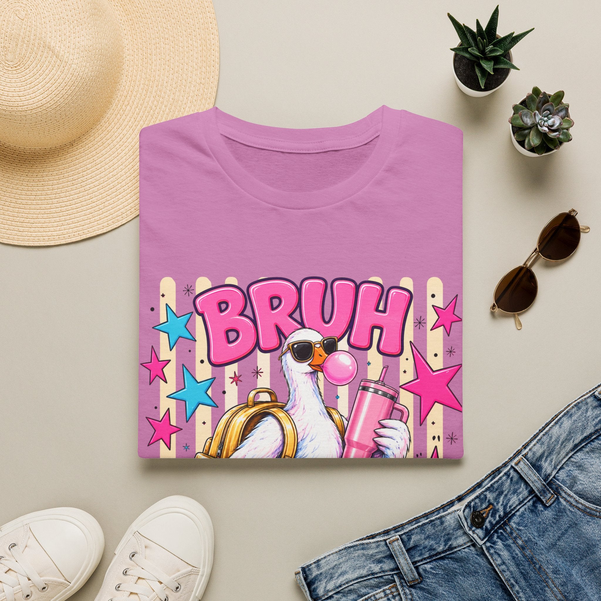 Bruh We Back! Graphic T-Shirt — Retro Flamingo with Bubblegum & Stars