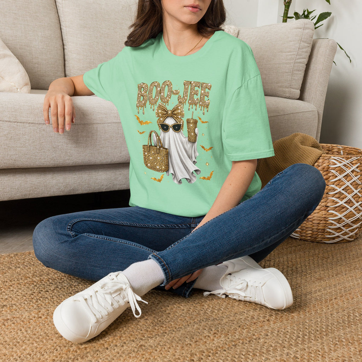 Boo-Jee Ghost T-Shirt — Glam Halloween Graphic Tee with Gold Glitter Accessories