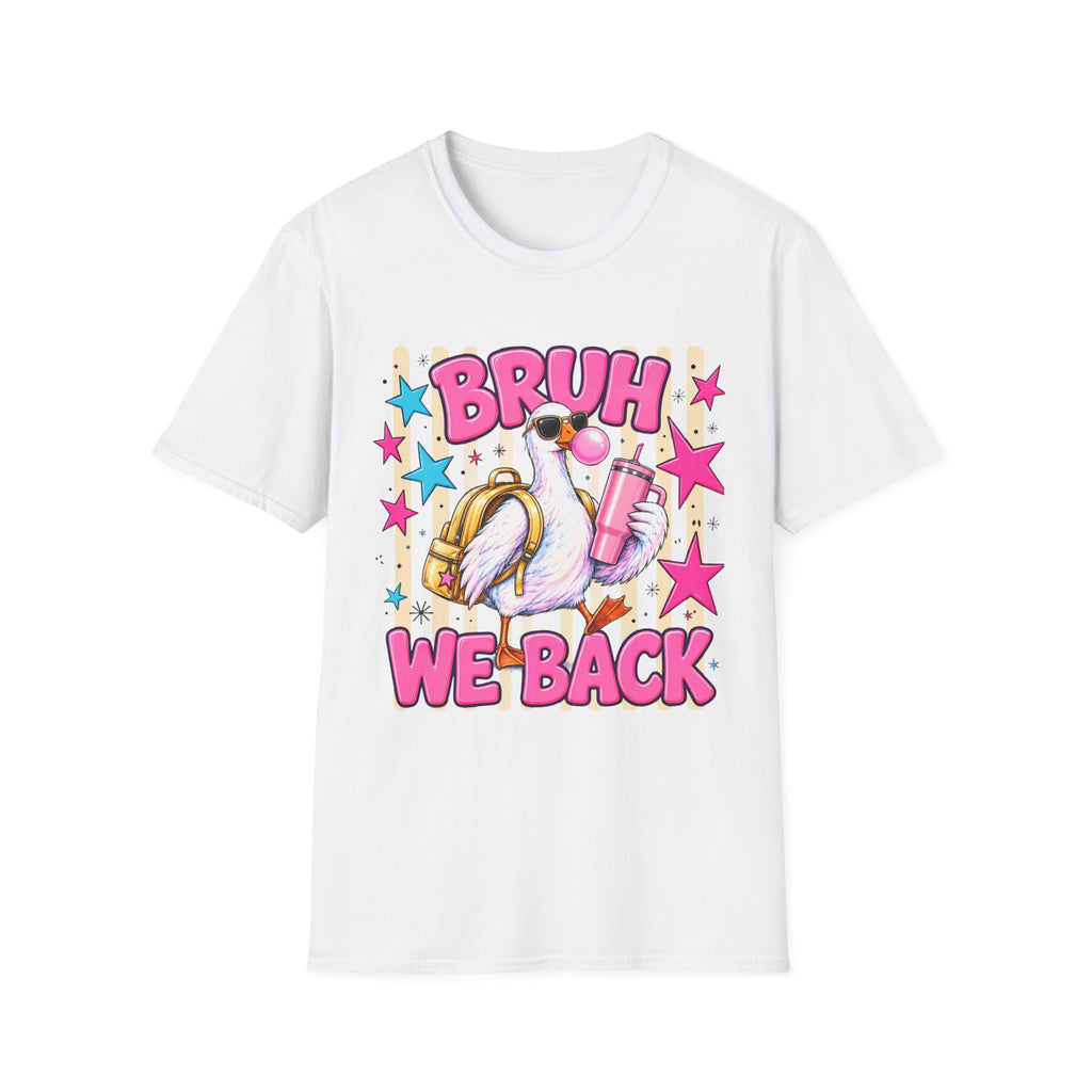 Bruh We Back! Graphic T-Shirt — Retro Flamingo with Bubblegum & Stars