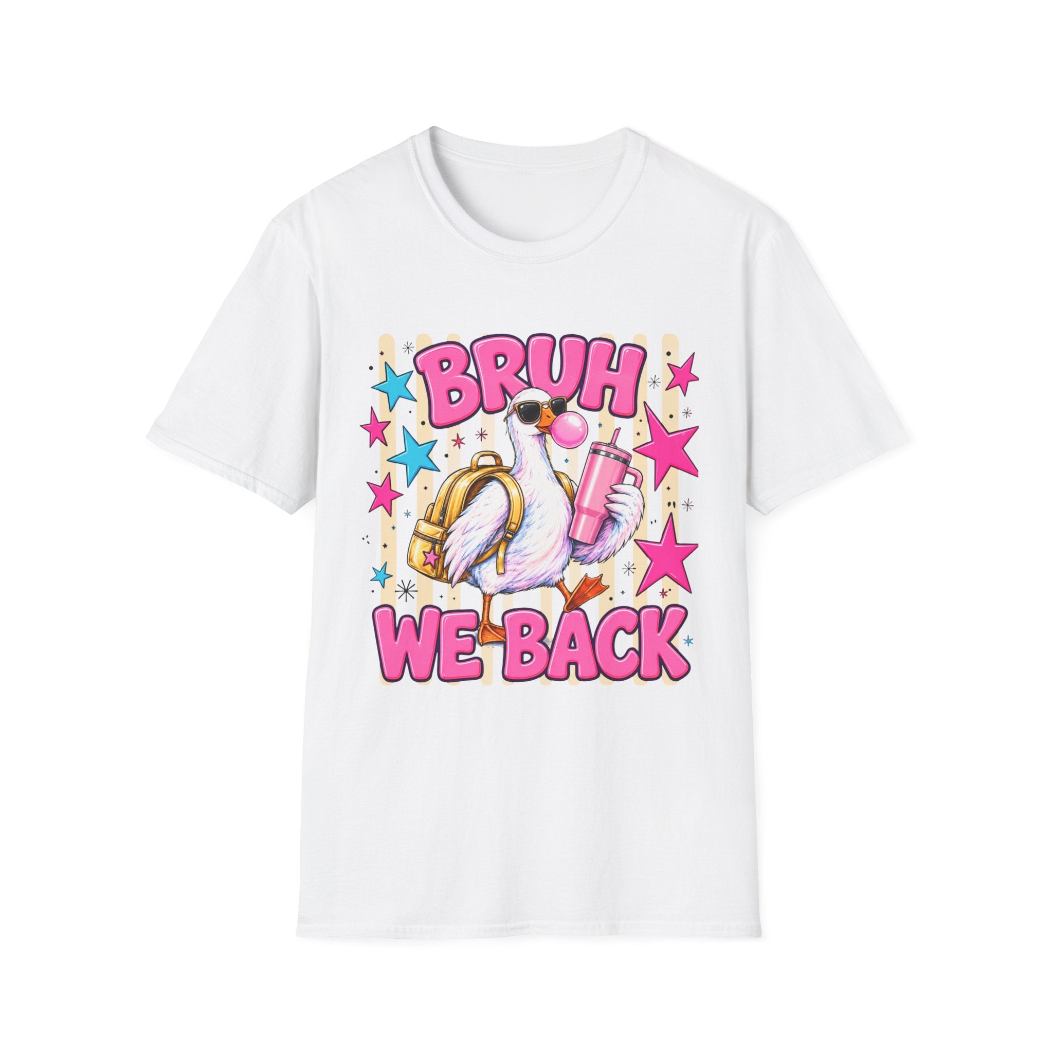 Bruh We Back! Graphic T-Shirt — Retro Flamingo with Bubblegum & Stars