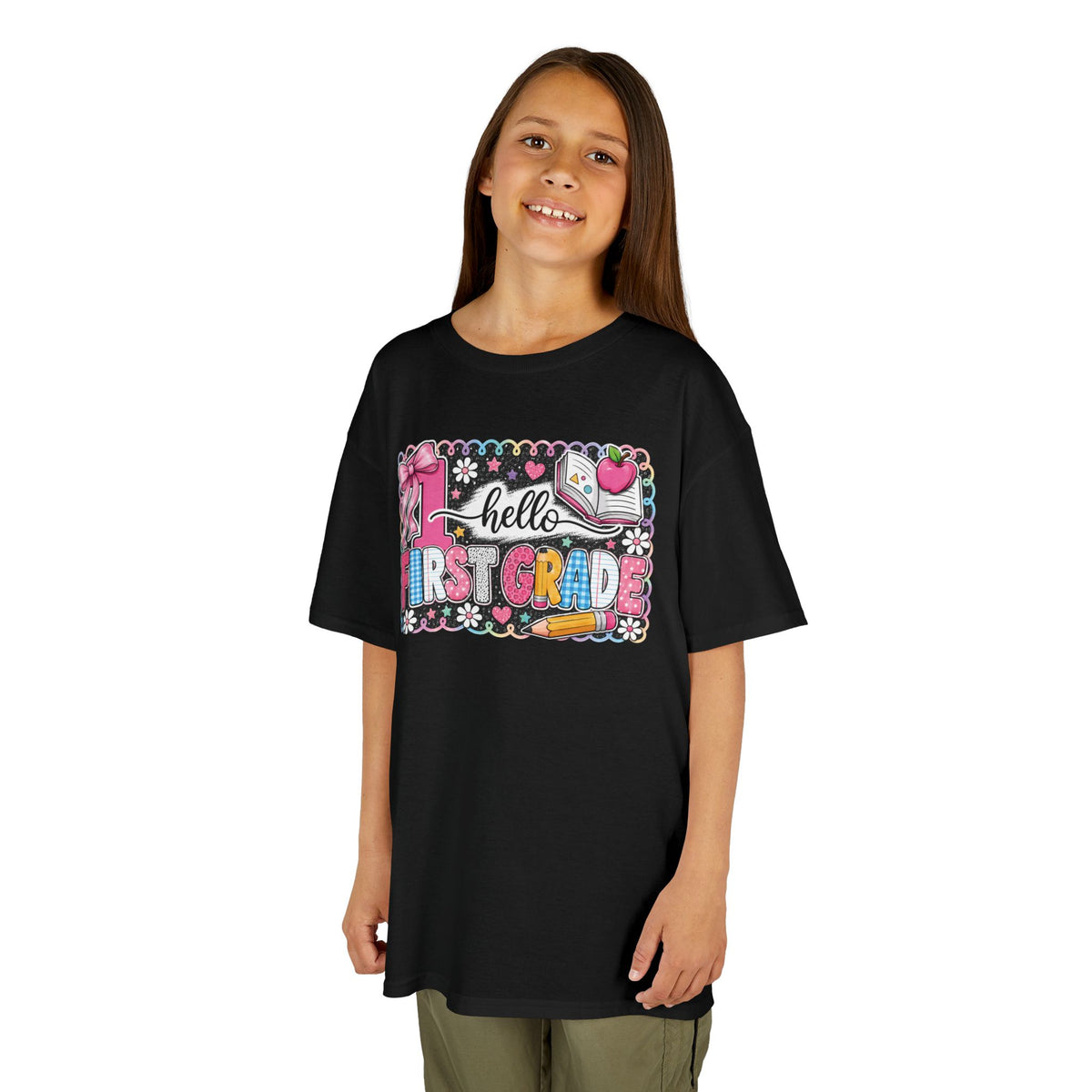 First Grade Kids T‑Shirt - "Hello First Grade" Colorful School Back-to-School Tee