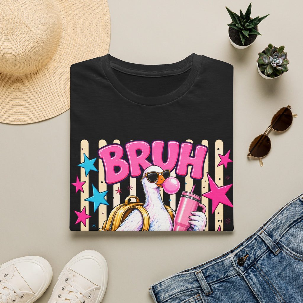 Bruh We Back! Graphic T-Shirt — Retro Flamingo with Bubblegum & Stars