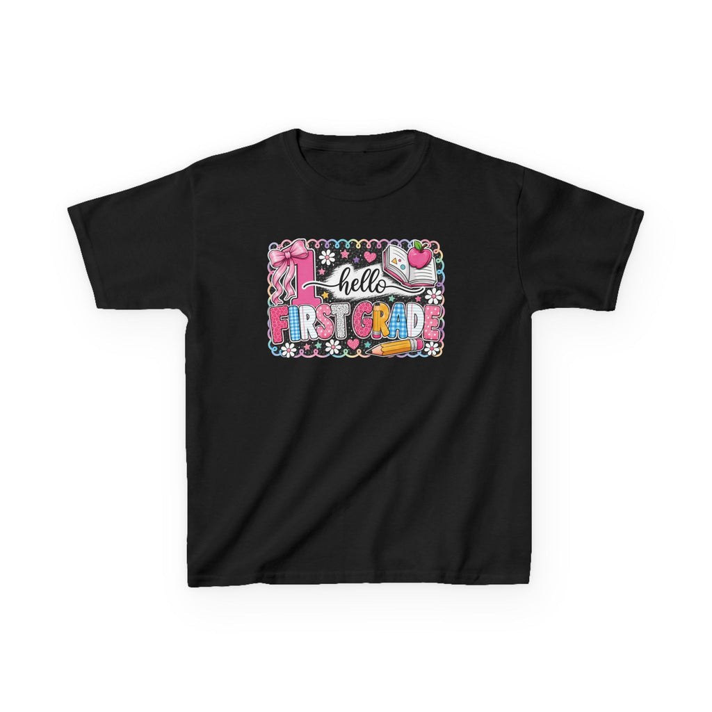 First Grade Kids T‑Shirt - "Hello First Grade" Colorful School Back-to-School Tee