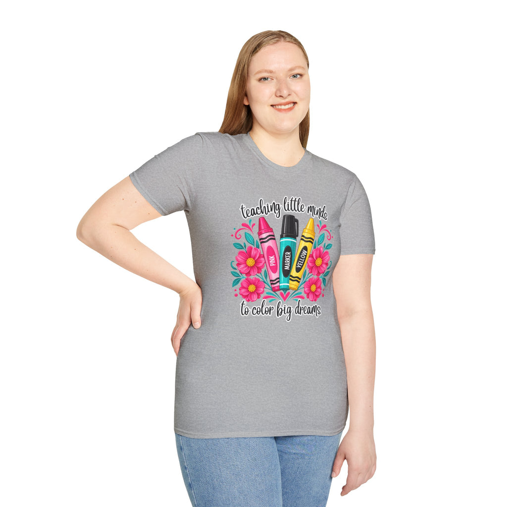 Teaching Little Minds T-Shirt — 'Teaching Little Minds, We Color Big Dreams' Cute Crayon Teacher Tee