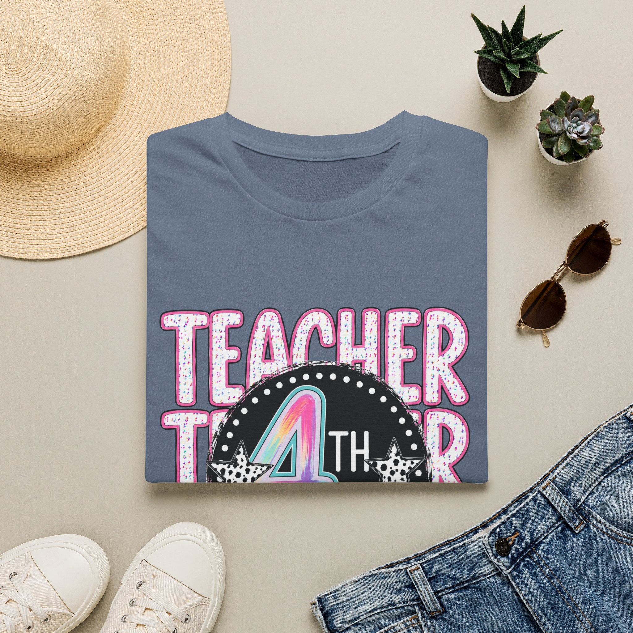 4th Grade Teacher T-Shirt – Cute Rainbow Chalkboard Teacher Tee