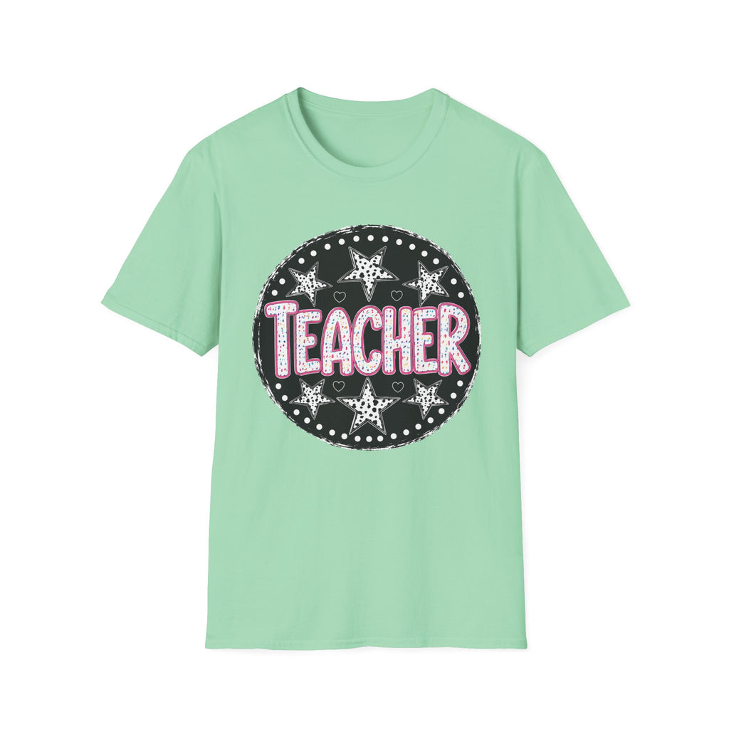 Teacher Starburst T‑Shirt — Cute Pink Marquee Text Tee for Educators