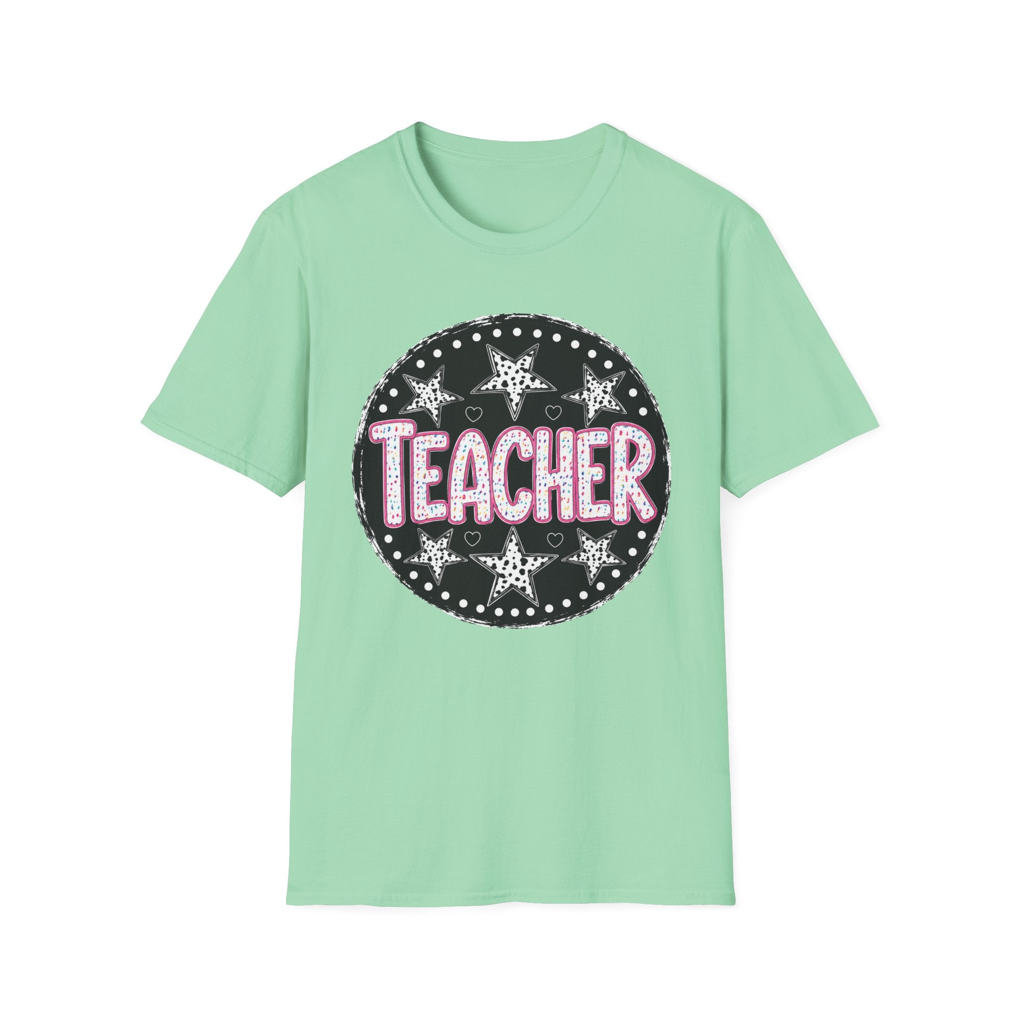 Teacher Starburst T‑Shirt — Cute Pink Marquee Text Tee for Educators