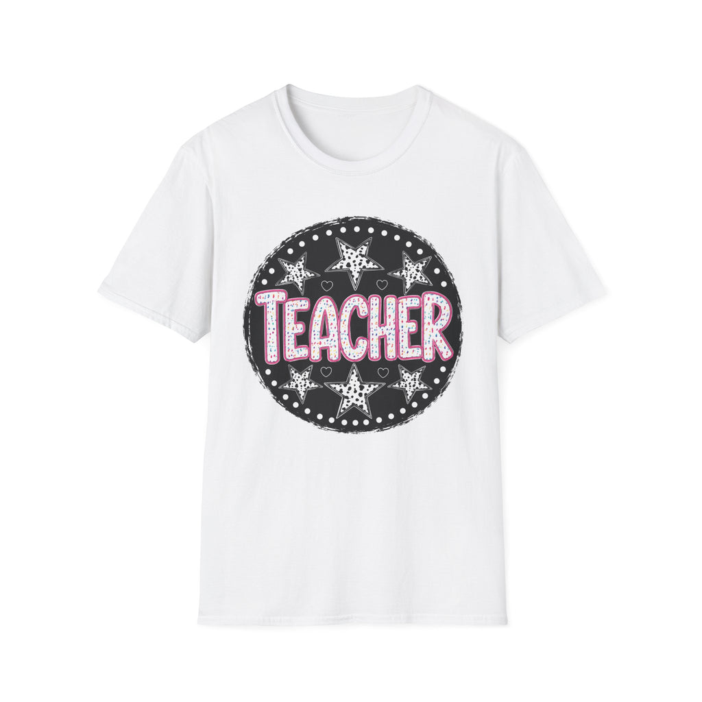 Teacher Starburst T‑Shirt — Cute Pink Marquee Text Tee for Educators