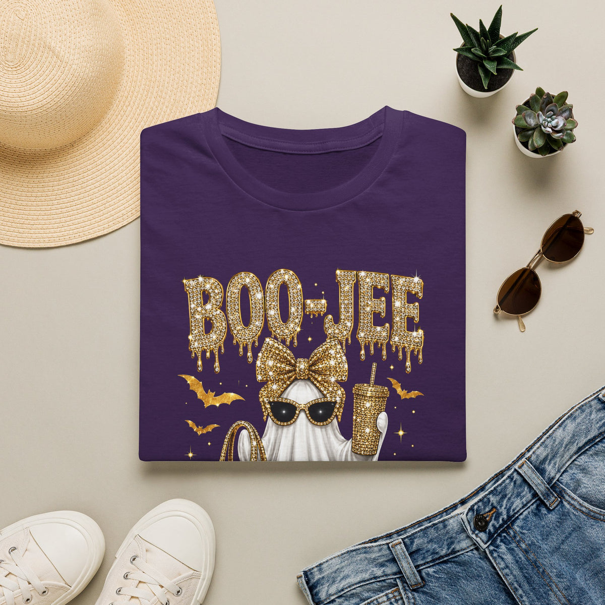 Boo-Jee Ghost T-Shirt — Glam Halloween Graphic Tee with Gold Glitter Accessories