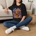 Patriotic Highland Cow T‑Shirt — USA Flag Bow, Fireworks & Stars (4th of July)