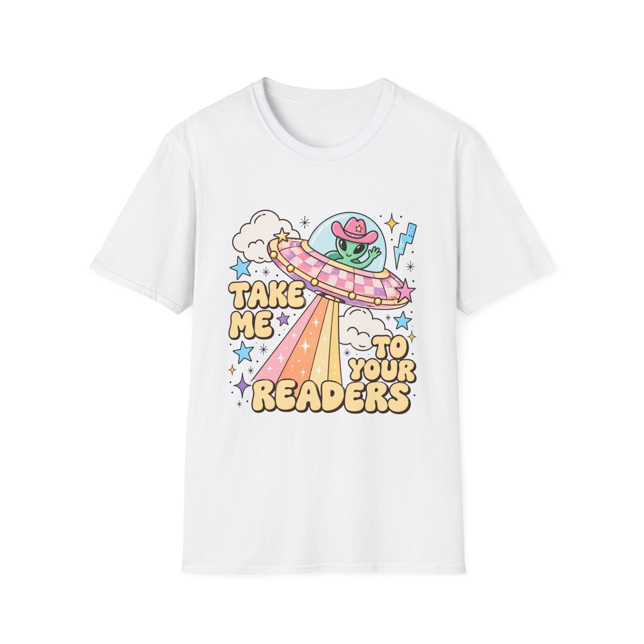 T-Shirt — “Take Me to Your Readers” Alien UFO Cute Graphic Tee