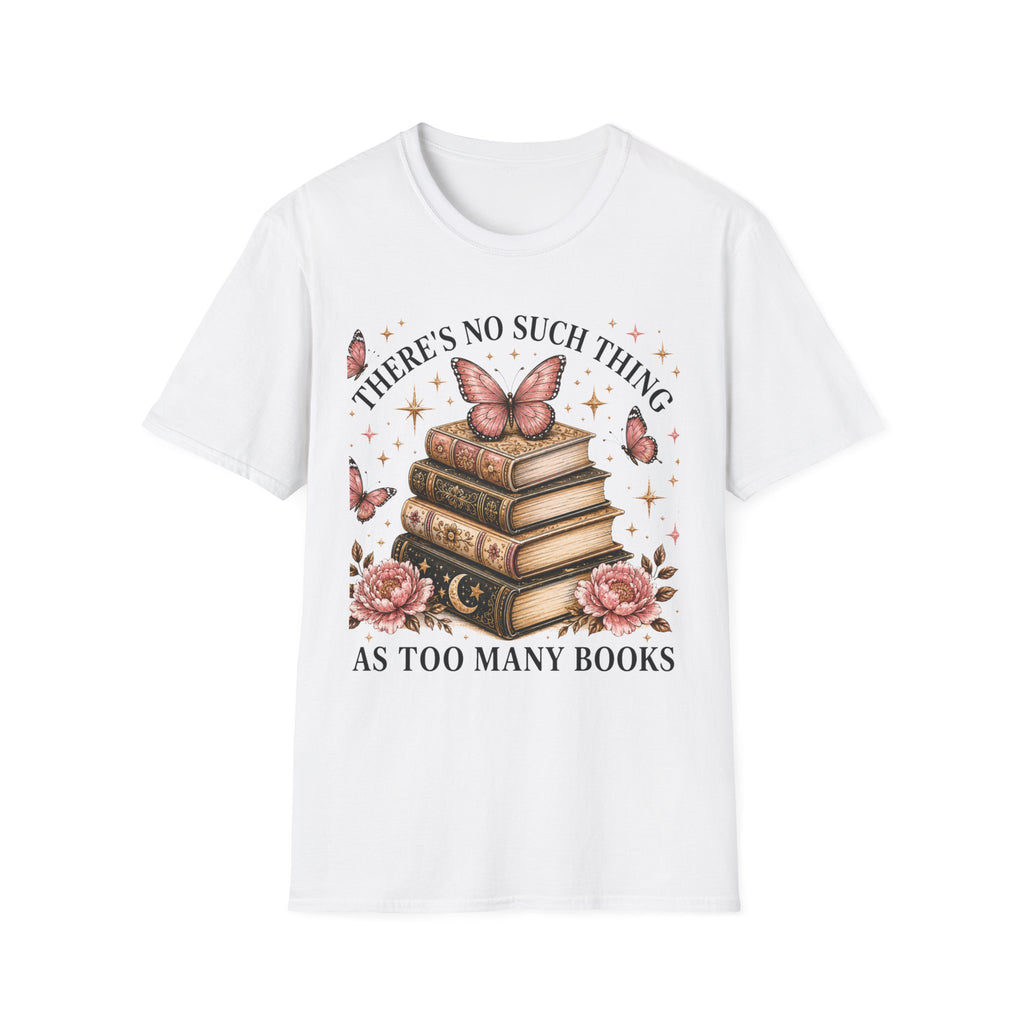 Book Lover T-Shirt — "There's No Such Thing as Too Many Books" Vintage Butterfly Design