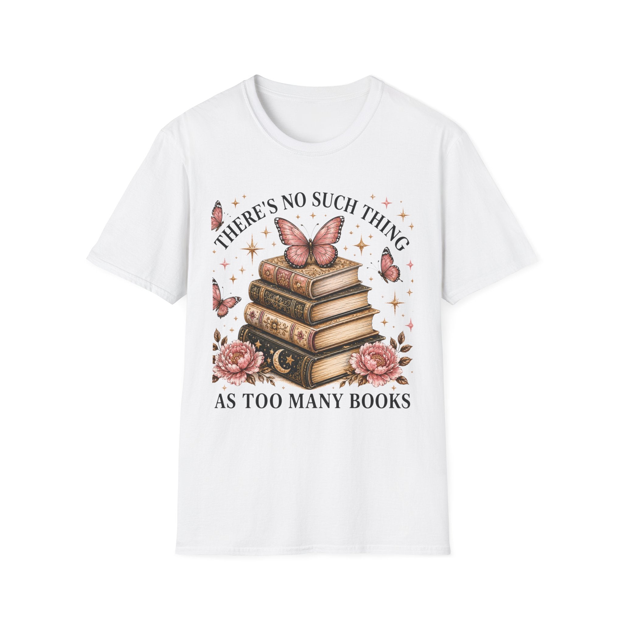 Book Lover T-Shirt — "There's No Such Thing as Too Many Books" Vintage Butterfly Design