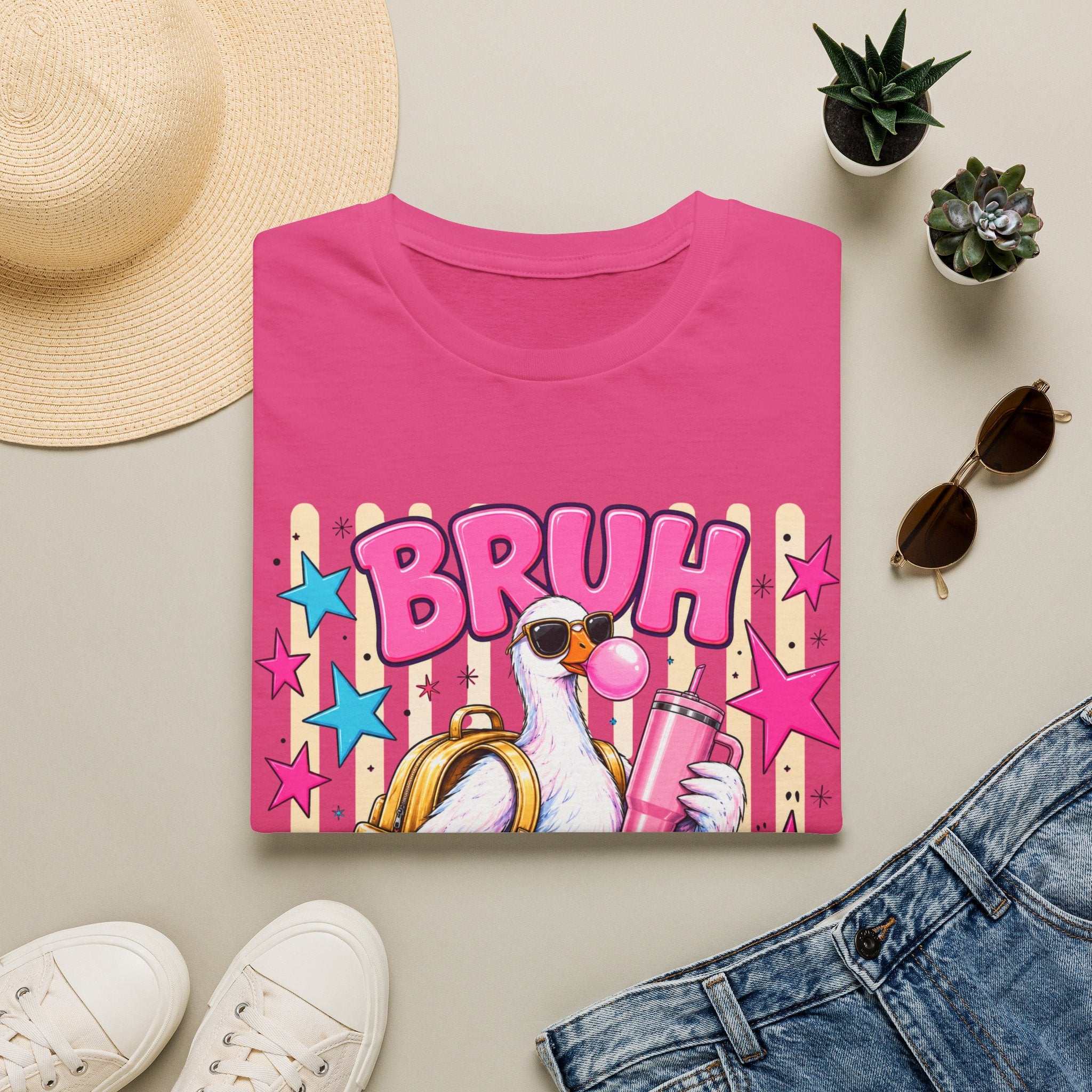 Bruh We Back! Graphic T-Shirt — Retro Flamingo with Bubblegum & Stars